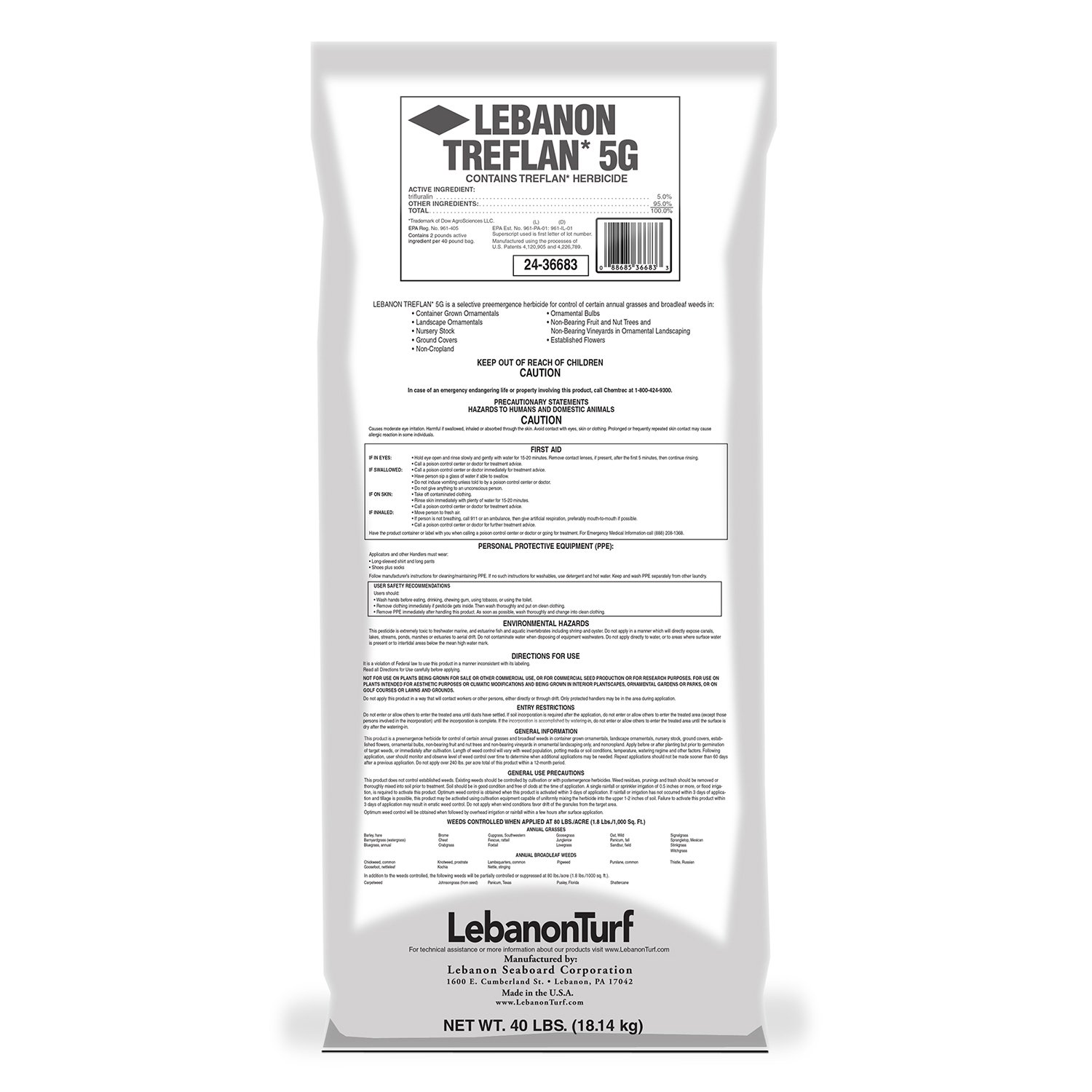 Lebanon 2436683 TREFLAN 5G Weed Preventer for Agricultural Use in Large Fields
| Lebanon 2436683 TREFLAN 5G Weed Preven