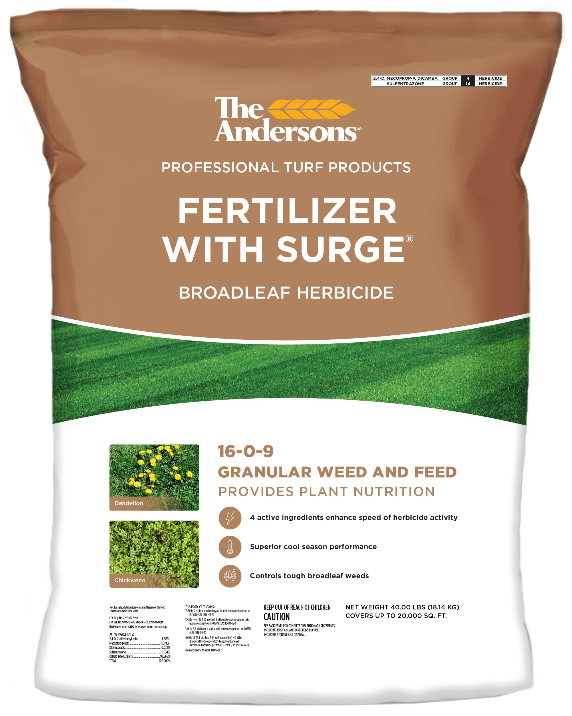 Professional Surge Weed and Feed Fertilizer for Post-Emergent Control - Covers up to 16,000 sq ft (40 lb)
| Andersons P